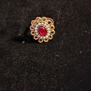 Vintage Red Stone Surrounded with Faux Baby Pearls.